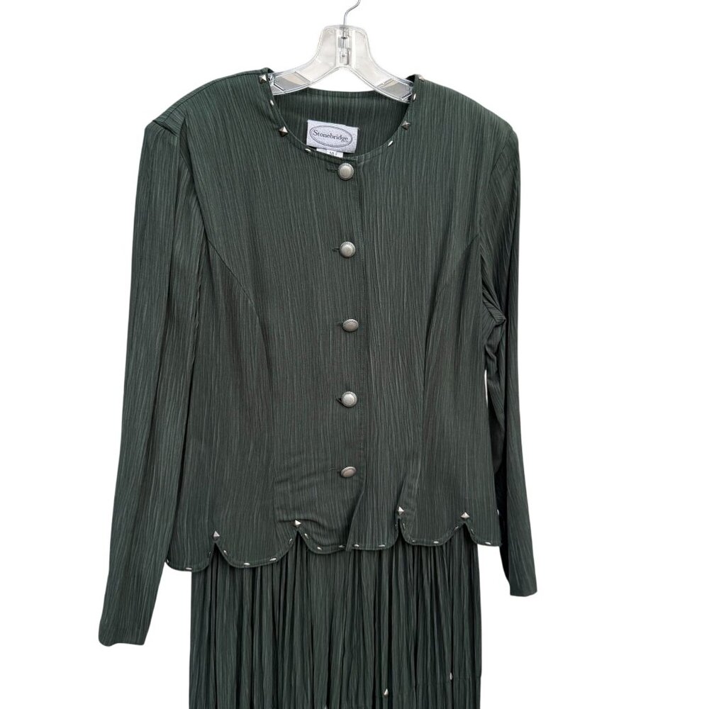 Stonebridge VTG Western Dress 14 Dark Green Crinkle Pleated Elegant Flowy Button - Picture 2 of 6